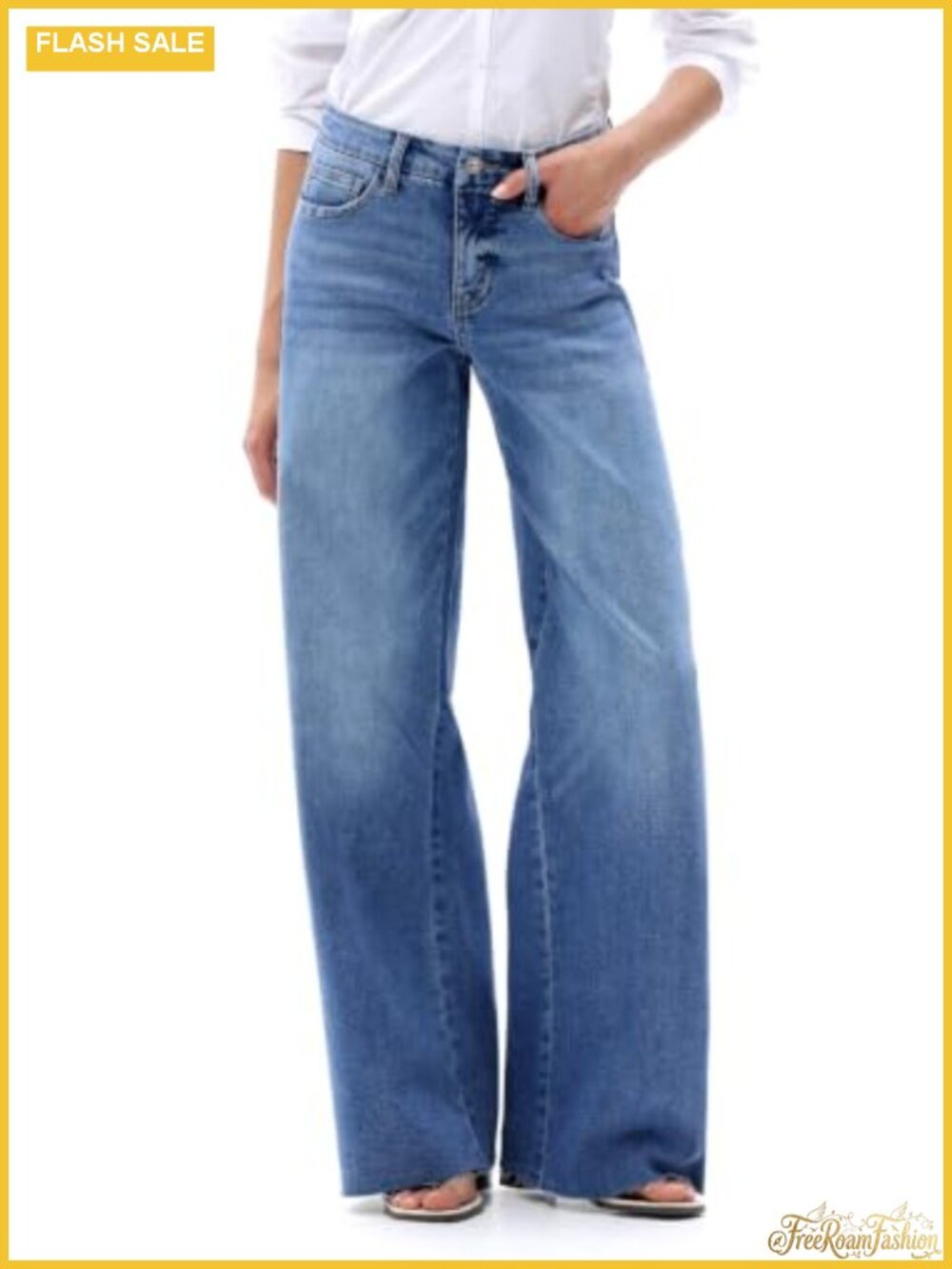 Women's Wide Leg Mid Rise Jeans High Stretch Denim Raw Hem